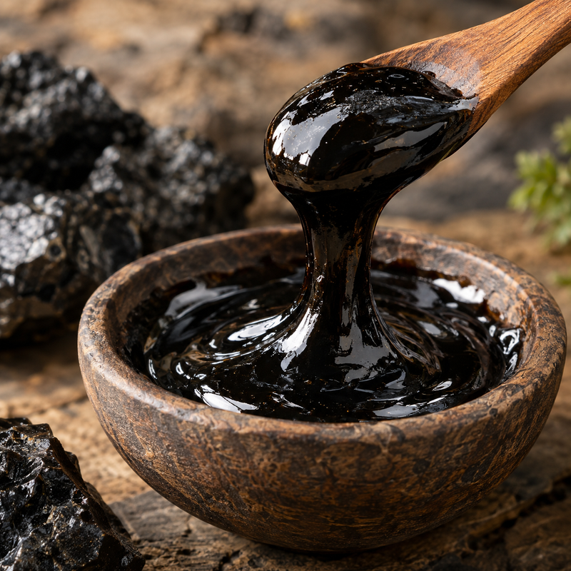 Resina di shilajit lucida sollevata con un cucchiaio di legno