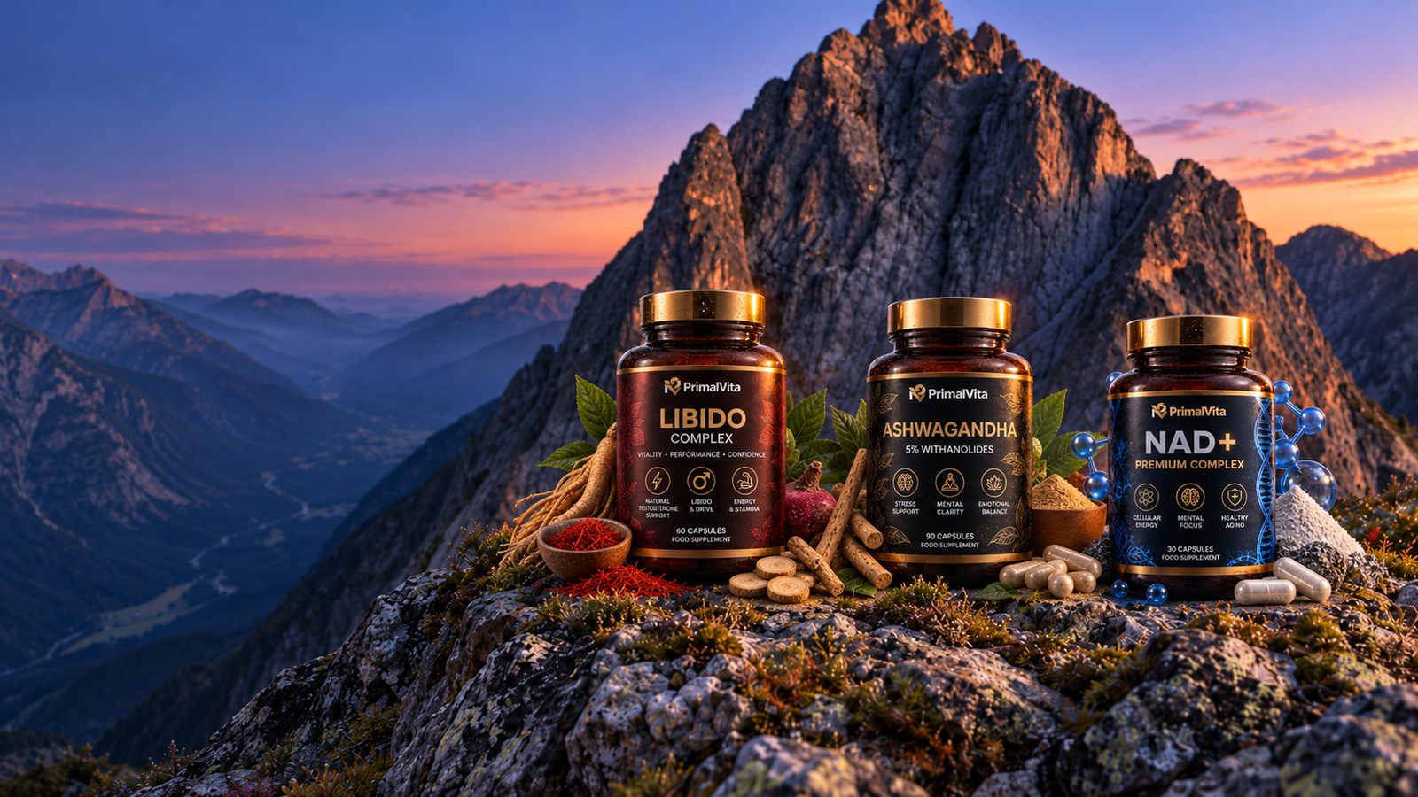 Integratori PrimalVita su un picco alpino al tramonto